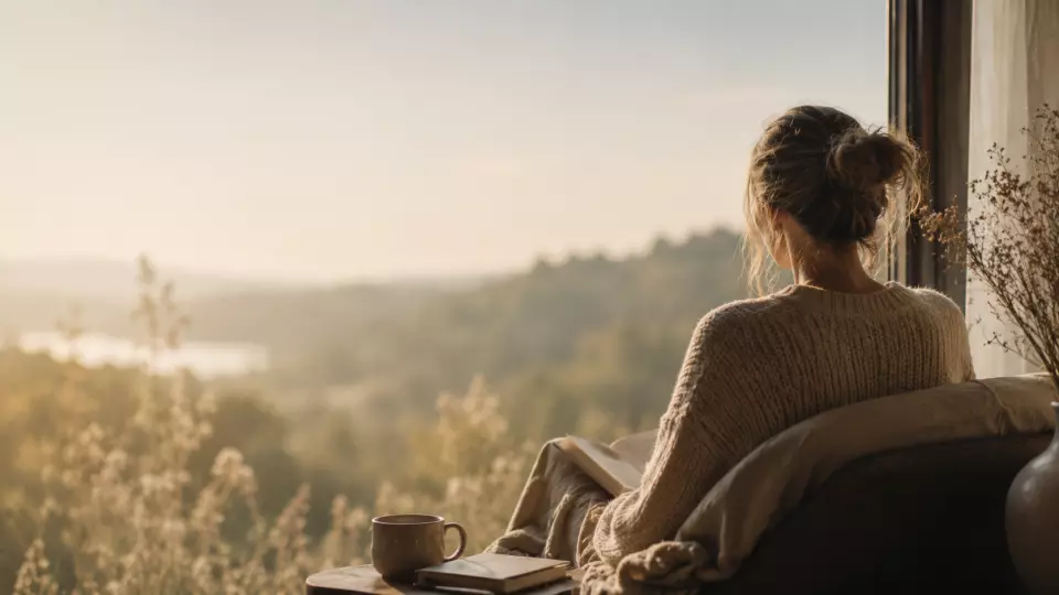 Kobieta przy oknie z książką i herbatą, widok na rozświetlony krajobraz — psycholog online, wsparcie psychologiczne po polsku